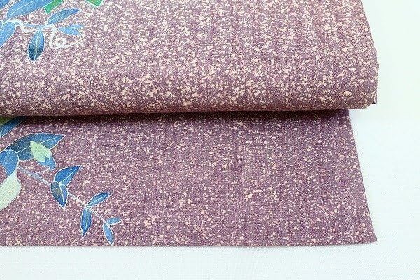 袋帯 枝花 くすみ紫 銀通し 薪糊 金彩 紬地 長さ4m69cm 仕立て上がり